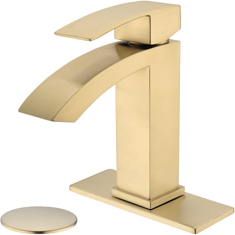 TRUSTMI Single Hole Bathroom Faucet Brass Square Waterfall Bathroom Sink Faucet with 6" Deck Plate and Overflow Drain, Brushed Gold - Image 1